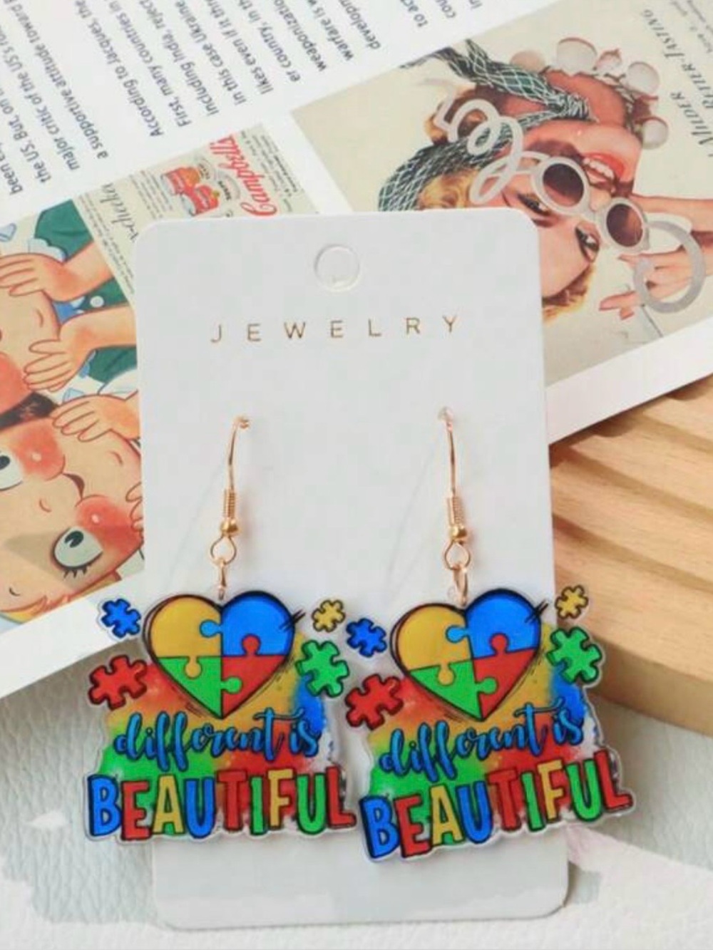 Different Is Beautiful Multicolor autism Puzzle Heart Drop Earrings